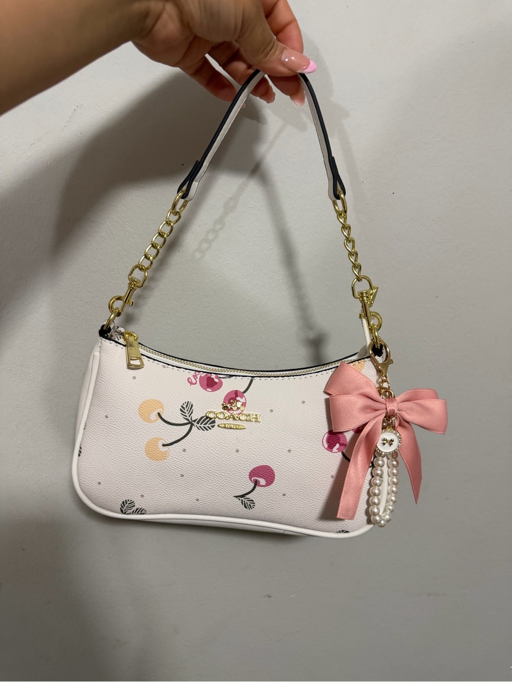 Coach White Cherry Print Shoulder Bag with Pink Bow and Pearl Charm